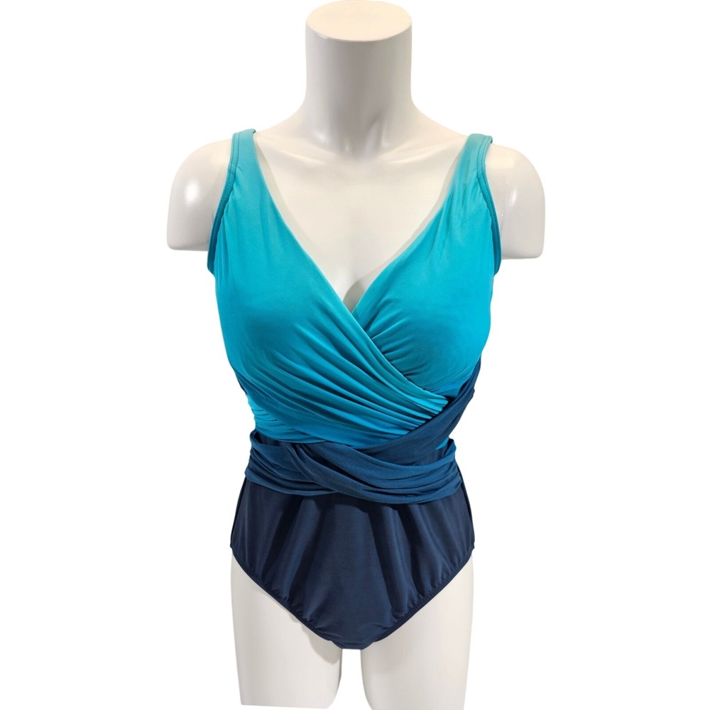 Lands End One Piece Swimsuit Womens 12 Blue Ombre Ruched Surplice Wrap Slimming